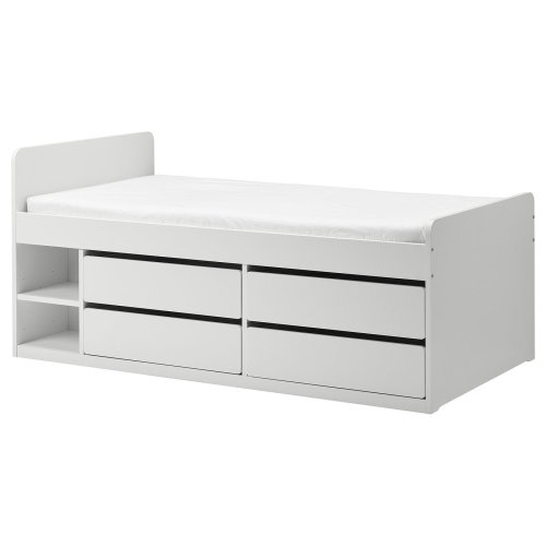 SLÄKT Bed frame w/storage+slatted bedbase - white Twin