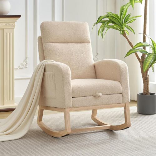 Rocking Chair Nursery Chair with Foot Rest, Recliner Armchair with High Backrest& Wood Legs and Side Pocket for Living Room, Bedroom,Grey