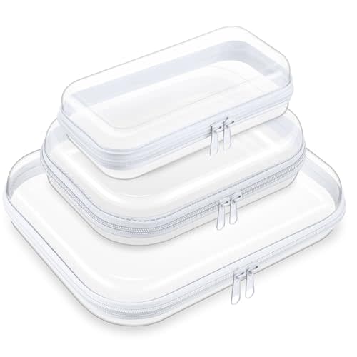 Hoolerry 3 Pcs Clear Hard Zipper Case Makeup Bag Plastic Zipper Pouch Christmas Storage Case Portable Travel Organizer Bin for Cosmetics, Building Blocks, Puzzles(White,S, S/m, M)