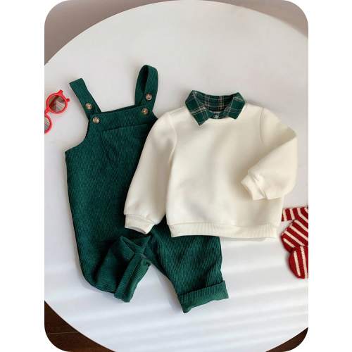 SHEIN Baby Boy Fall And Winter Clothes Outfit Set, 2pcs/Set Thermal Lined Thickened Apricot Sweatshirt Knit Top And Green Corduroy Plaid Overalls Jumpsuit Set, Comfortable Versatile Fashionable Daily Cute Casual Minimalist Basic Style, Suitable For Indoor