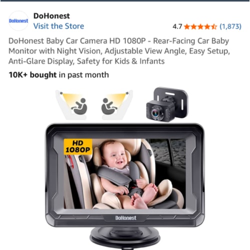 DoHonest Baby Car Camera HD 1080P - Rear-Facing Car Baby Monitor with Night Vision, Adjustable View Angle, Easy Setup, Anti-Glare Display, Safety for Kids & Infants