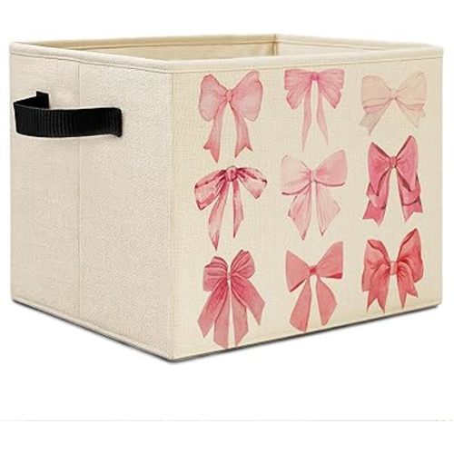 Coquette Pink Bow Storage Bins,Preppy Girly Bow Aesthetic Collapsible Storage Basket Organizer for Girls Dorm Bedroom Bathroom Clothes Toys Books,Toybox for Girls 243STORAGE
