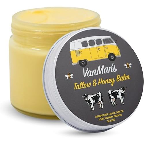 Vanman's - Tallow and Honey Balm Jumbo - Tallow Face Moisturizer with Pure Grass-Fed/Finished Beef Tallow for Skin and Essential Oils, Organic Raw Honey and Beeswax, Cold Pressed Olive Oil - 6 oz