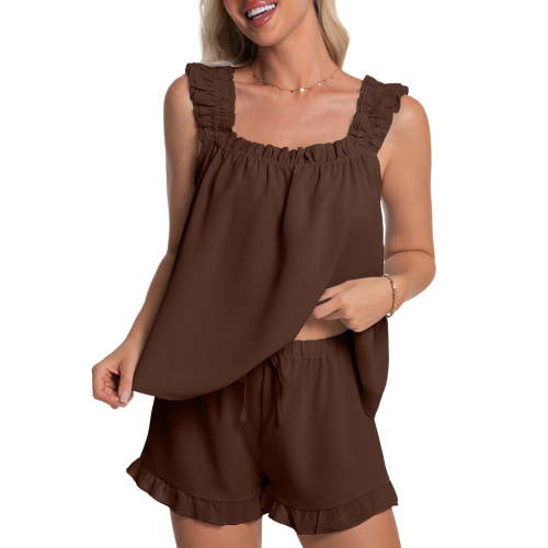DAKIMOE Womens Pajamas Set 2 Piece Ruffle Pj Soft Tank Top and Shorts Sleepwear Lounge Sets for Women Set Sleeveless Bridal Pajama Sets for Christmas, S-2XL