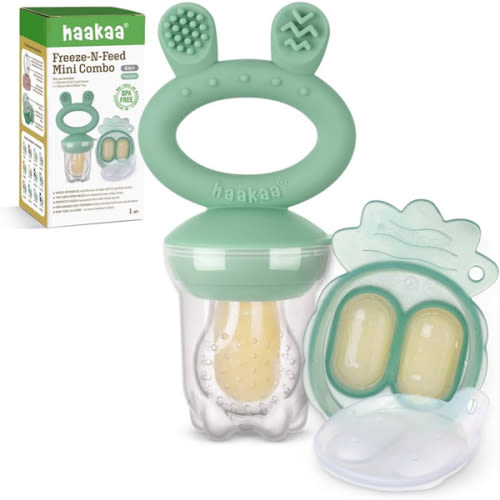 Haakaa Baby Fruit Food Feeder & Mini Freezer Nibble Tray Combo, Breastmilk Popsicle Molds for Cooling Relief, BPA Free Silicone Feeder for Safe Infant Self Feeding, 4 Month+ (Pea Green)