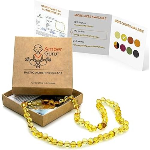Amber Guru Baltic Amber Necklace for Women and Men (Authentic, Certified) - 17.7 inches, Lemon (Polished) - Unisex Amber Jewelry for Adults - Amber Bead Necklace