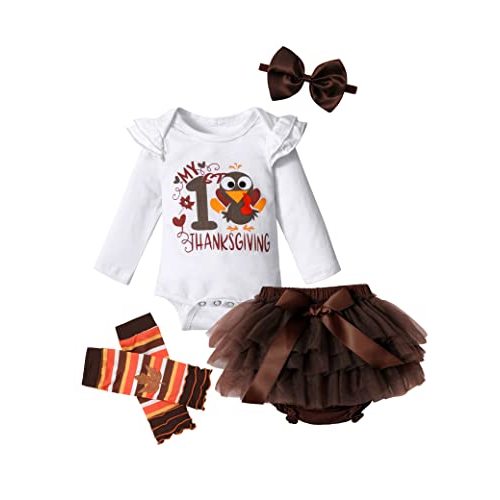 DONWEN Baby Girl Thanksgiving Outfit My 1st Thanksgiving Turkey Romper + Tutu Skirts + Leggings 4pcs Outfits Set