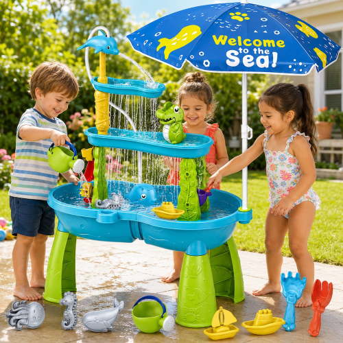 JoyStone 3-Tier Kids Sand Water Table with Umbrella & Water Pump, Outdoor Sensory Play Table Toy, 33.66" Tall, Summer Gift for Toddlers & Kids