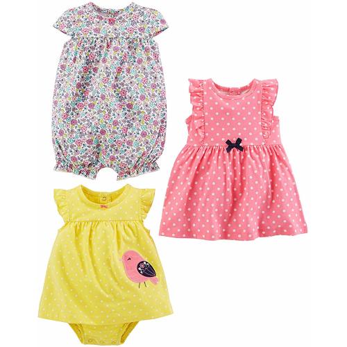 Baby Girls' 3-Pack Romper, Sunsuit and Dress