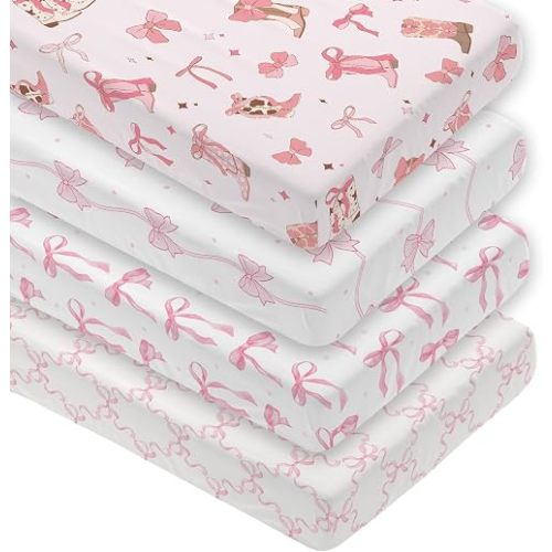 4 Pack Pink Bow Crib Sheet Set for Girl, Soft Breathable Fitted Pink Crib Sheet 28 x 52 in, Cowgirl Nursery Decor for Standard Crib and Toddler Bed Mattresses