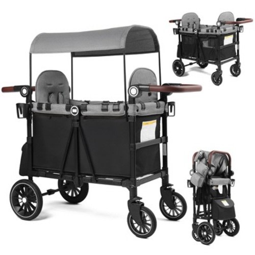 Kinder King All-Terrain Stroller Wagon for 2 Kids with Canopy, Shock-Absorbing Wheels, Storage Bag, Snack Tray & Adjustable Leather Handle, Black&Grey