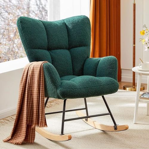 Rocking Chair, Upholstered Glider Rocker Accent Chair, Nnursery Rocking Chairs with High Backrest for Small Spaces, Indoor, Living Room, Bedroom, Green
