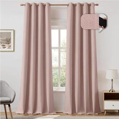 HOMEIDEAS 100% Blush Pink Linen Blackout Curtains for Bedroom, 52 x 84 Inch Length 2 Panels Faux Linen Thermal Insulated Black Out Grommet Window Drapes for Living Room，Nursery