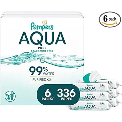 Pampers Aqua Pure Baby Wipes, 99% Water, Fragrance Free, 336 Baby Wipes Total (6X Flip-Top Packs) [Packaging May Vary]
