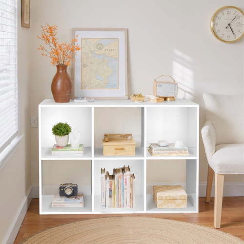 TINKLE WELL 6-Cube Storage Shelf Organizer, Bookcase with Removable Back Panels, Adjustable White Wood Bookcase for Living Room, Home Office, White
