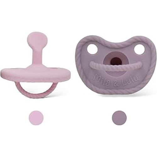 Mila & Lulu Orthodontic Silicone Pacifiers (Set of 2) – 100% Food-Grade, One-Piece Design, Soft Orthodontic Nipple, Airflow Shield, Multi-Use Pacifier & Teether for 0+ Months - Ballerina/Mauve