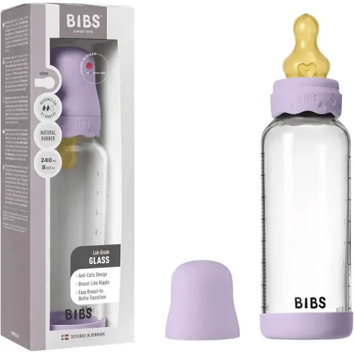 BIBS Boheme Baby Glass Bottle 8 oz /240 ml. Anti-Colic. Round Natural Rubber Latex Nipple. Supports Natural Breastfeeding - Violet Sky
