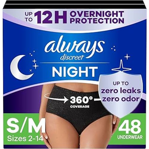 Always Discreet Adult Incontinence Overnight Underwear for Women, Small/Medium, Up to 100% Bladder Leak Protection, 48 Count (3 Packs of 16)