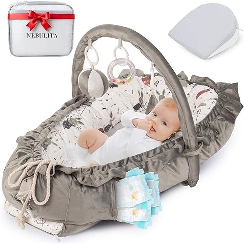 Nebulita Bunny Gray Infant Support Cushion with Play Arch for Supervised Awake-Time Floor Use - 100% Cotton Interior, Micro-Velvet Exterior, Portable Baby Cushion with Carry Bag - Premium