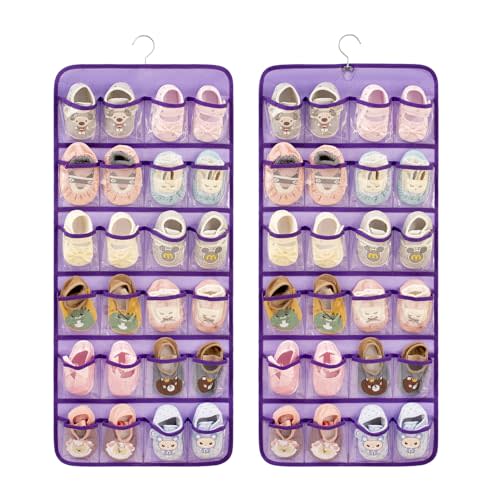 Dual-sided Baby Shoe Organizer Closet Hanging Toddler Shoes Storage for Kids Bow Socks Underwear Holder with 48 Clear Pockets (Purple)