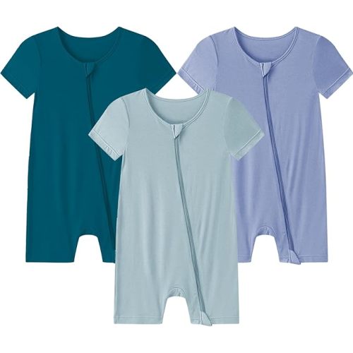 Baby Romper 3 Pack Bamboo Rayon Footless Short Sleeve Zipper Romper