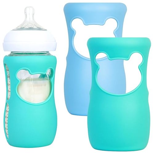 Silicone Baby Bottle Sleeves for Philips Avent Bottles, Anti Breakage Baby Bottle Holder for Avent Natural Glass Baby Bottles, Compatible with Avent Baby Bottle, 8oz, Pack of 2 (Blue and Turquoise)