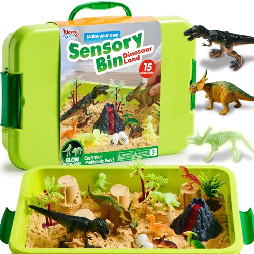 JOVA Klever Kits Dinosaurs Sensory Bin Toys for Kids with Glow in The Dark Dinosaurs, Sandbox with Lid Sand, Preschool Learning Activities Gifts for Boys Girls Age 3+