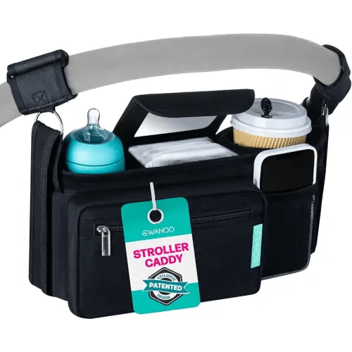 Swanoo Stroller Caddy Stroller Organizer With Cup Holder, Non Slip Straps Stroller Bag for Phone, Pet Stroller Accessories, Universal Fits Uppababby Vista v2 Wonderfold Wagon, Doona and More