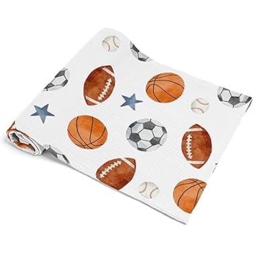 Sweet Jojo Designs Baby Muslin Swaddle Blankets (Sports Theme) - 47x47 for Newborn Boys Nursery, Lightweight 100% Cotton Blanket (Watercolor Vintage Sport Themed, Soccer, Football Baseball Basketball)
