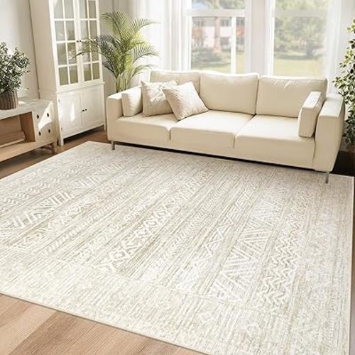 Washable Area Rug 5x7: Moroccan Rug for Living Room Geometric Boho Rug Farmhouse Non Slip Stain Resistant Rugs Low Pile Soft Carpet for Bedroom Dining Room Home Office Kids Room (Ivory Beige,5'x7')