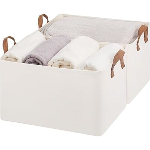 StorageWorks Fabric Storage Bins, Collapsible Extra Large Storage Baskets for Shelves with Metal Frame and Sturdy PU Handles, Closet Organizers and Storage Bins, Jumbo, Natural Color, 2-Pack