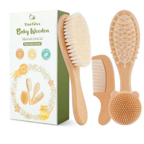 Yoofoss 4 Piece Baby Brush and Comb Set, Wooden Baby Brush with Natural Ultra Soft Goat Hair, Baby Hair Brush for Newborn, Baby Brush Set for Boy Girl