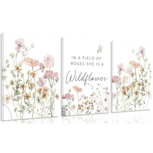 3Pcs Watercolor Flowers Nursery Wall Art Florals Botanical Sentence Picture Wall Decor Pink Wildflowers Poster Print Artwork for Girl Nursery Office Bedroom Livingroom Inspirational Wall Decoration