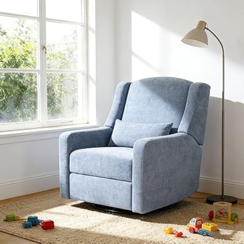 Power Nursery Rocking Chairs: 270° Swivel Rocker Recliner with Waist Pillow & USB Charging Port, Ultra Comfy Nursery Glider Recliner for Nursery Living Room and Bedroom Blue