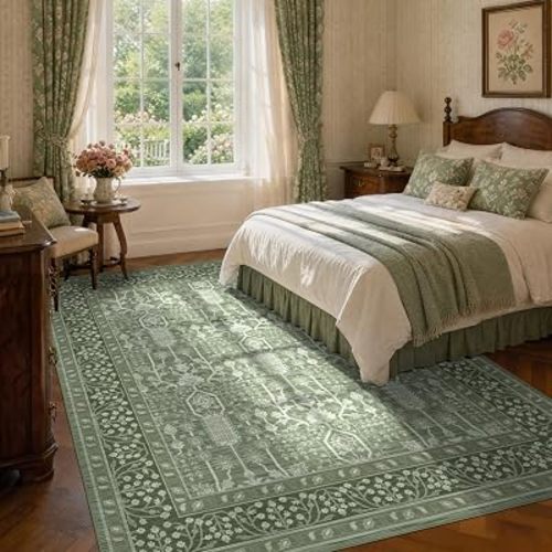 Deerly 6x9 Area Rugs Living Room, Vintage Neutral Non-Slip Carpet Washable Robot Vacuum Friendly Low Pile Soft Print Rugs for Office Bedroom Kitchen Indoor Floor Green Rug 6x9ft