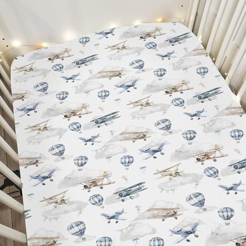 Vintage Planes Airplanes Helicopters Baby Crib Sheets Boy Girl 28"x52" Hot Air Balloon Plane Clouds Sky Soft Stretchy Fitted Crib Mattress Cover Baby Sheet for Standard Crib & Toddler Mattress Pad