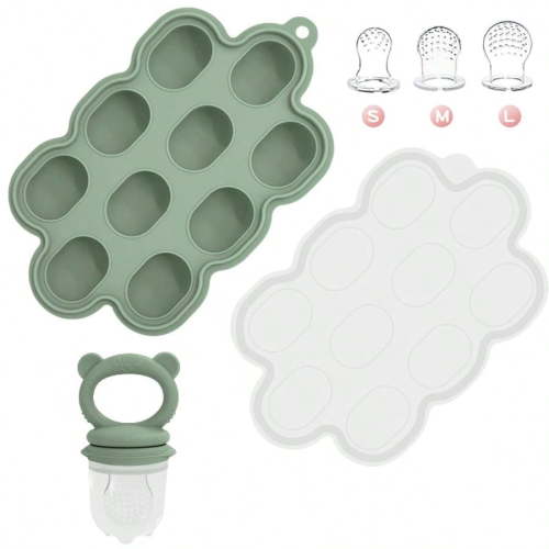 Silicone Baby Fruit Feeder Set with Freezer Tray, 3 Pouches and Breastmilk Popsicle Mold