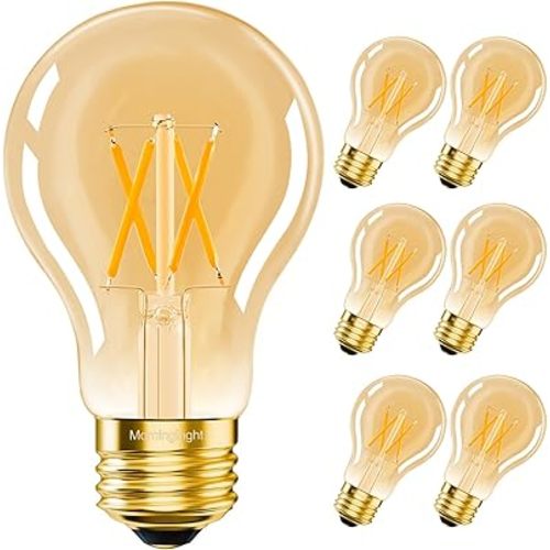 MorningLight 6-Pack Dimmable A19 Vintage LED Edison Bulbs 60W Equivalent, 2700K Warm Amber Glow LED Bulbs, E26 Base 6W Decorative Antique Filament Bulbs for Pendant, Sputnik Chandelier, 600LM, CRI 90+