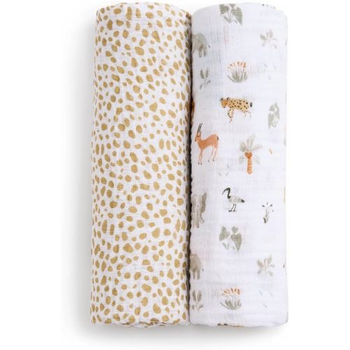 aden + anais Essentials Cotton Muslin Swaddle, Breathable Baby Blanket 2 Pack, Giraffe Safari