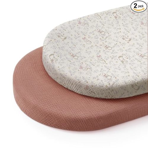Blissful Diary Muslin Bassinet Sheets for Baby Girls, Boho Soft Cotton Fitted for Oval Hourglass Rectangle Mattress, 2 Pack(Blush Bunny Floral & Dusty Pink)