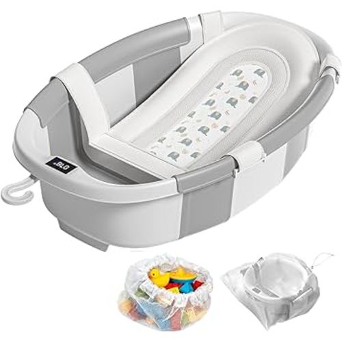 Collapsible Baby Bathtub, Baby Tubs for Newborns with Soft Cushion & Thermometer & Toy Organizer Mesh Bag, Infant Bathtub to Toddler 0-36 Months, Portable Travel Newborn Baby Bathtubs (Grey)