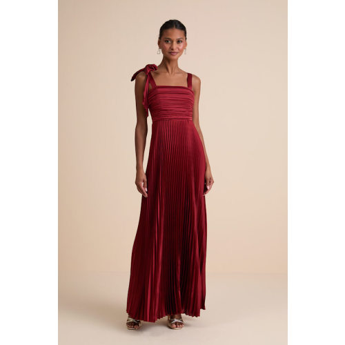Gorgeous Purpose Red Satin Pleated Sleeveless Bow Maxi Dress