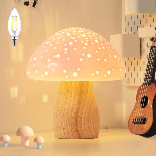Pink Ceramic Mushroom Table Lamp for Bedroom Nightstand, Desk, Living Room Home Decor