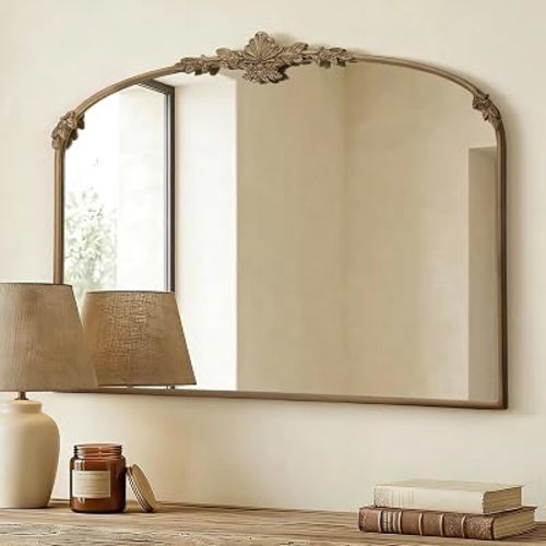 Besdomus Antique Arched Gold Mirror: 40"x30" Large Vintage Brass Decorative