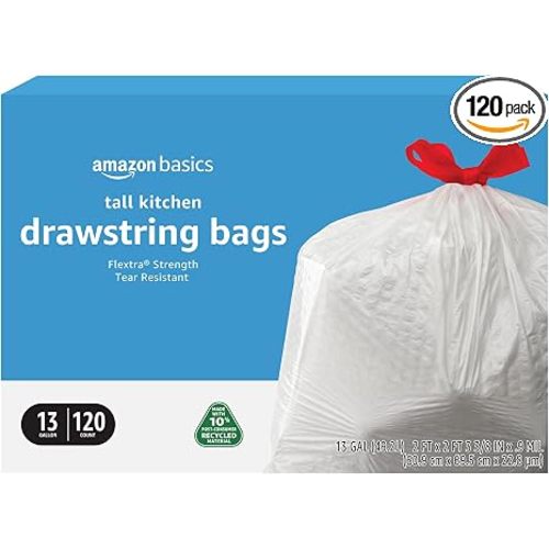 Amazon Basics 13 Gallon Tall Kitchen Drawstring Trash Bags, Flextra Strength, Tear Resistant, 10% Post Consumer Recycled, 120 Count