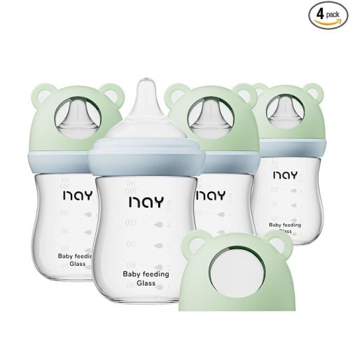 yanyoyo Natural Glass Baby Bottle for Breastfeeding Babies, 5.4oz Anti-Colic Baby Bottle with Natural Response Nipple(S), Clear, Wide Neck, 4 Pack, 1 Months+