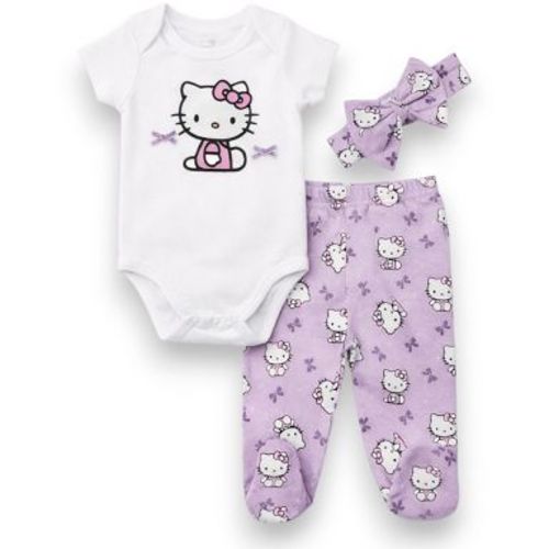 Hello Kitty Baby Girls' 3-Piece Bodysuit, Footed Pants and Headband Set, White/Purple Bows, Newborn