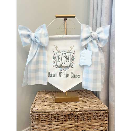 Custom Embroidered Baby Banner, Birth Announcement, Hospital Door Sign Blue Gingham bows, Bassinet banner with crest, Hunting/Fishing