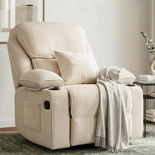 Rocking Recliner Chair, Nursery Rocking Chairs for Adults, 360° Swivel Glider Recliner Chair with Cup Holder, Upholstered Rocking Chairs for Living Room, Corduroy, Beige