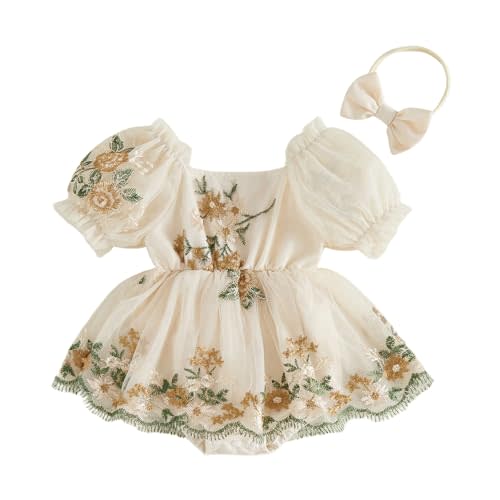 Douhoow Baby Girl Summer Romper Flying Sleeve Floral Embroidery Baby Dress Romper with Headband Infant Festival Clothes